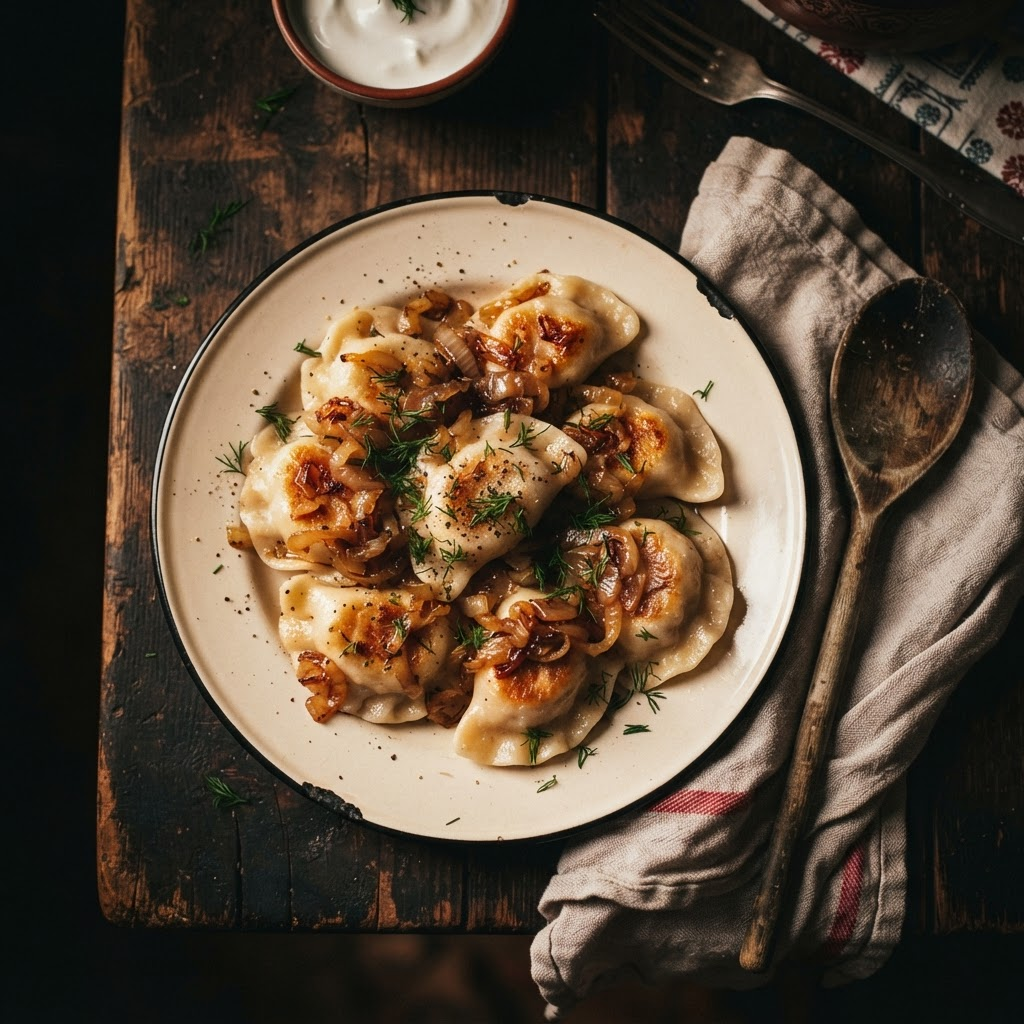 A plate of homemade Polish pierogi topped with caramelized onions and fresh dill